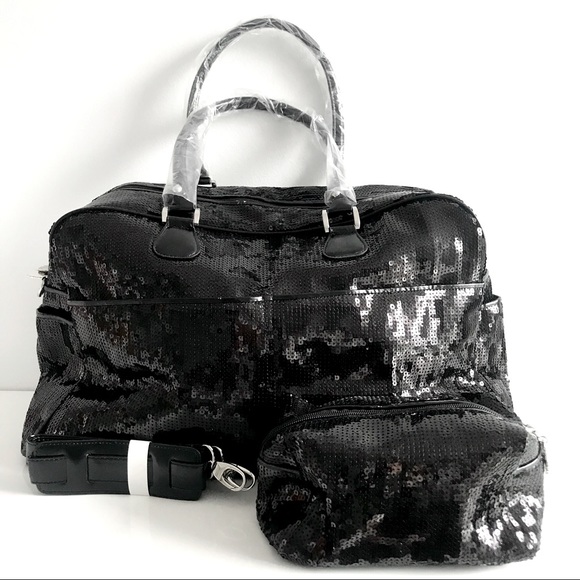 Joan Boyce Handbags - Joan Boyce Glam Black Sequins Overnight Oversized Travel Tote Crossbody Bag